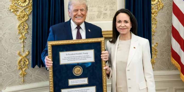 Venezuelan Nobel Peace Prize winner presents her medal to Trump