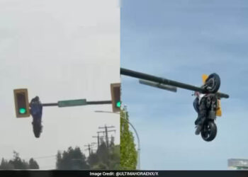 Motorcycle Left Hanging From Traffic Light After Crash In Canada, Rider Injured