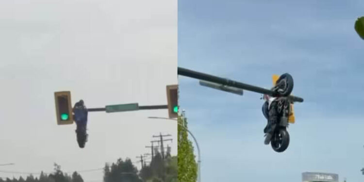 Motorcycle Left Hanging From Traffic Light After Crash In Canada, Rider Injured 1 Motorcycle Left Hanging From Traffic Light After Crash In Canada, Rider Injured